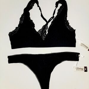 PJ Salvage Soft Black Polka Dot Lace Racerback Reversible Bra Mesh Panties